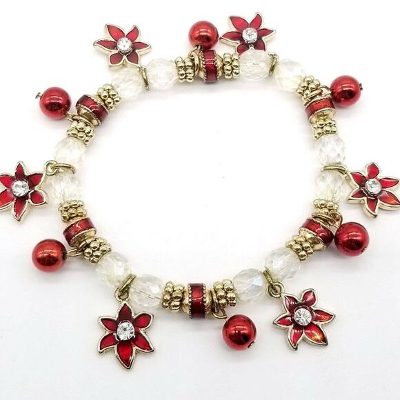 💜 3/$25 💜 Kenneth Cole Bracelet Christmas Poinsettia Stretch Enameled Charms - Picture 1 of 8